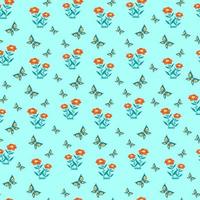 Flowers and butterflies seamless pattern. Vector print in flat style