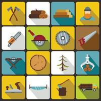 Timber industry icons set, flat style vector