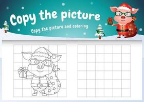 Copy the picture kids game and coloring page with a cute pig using santa costume vector