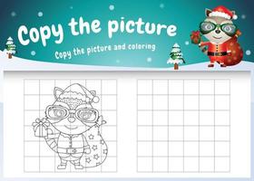 Copy the picture kids game and coloring page with a cute raccoon using santa costume vector