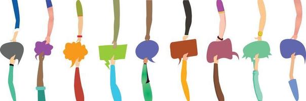Group communication of multi-ethnic and multicultural men and women. Raised hands holding speech bubble. Racial equality. People diversity. Different culture and countries. Community vector