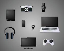 Electronic devices with blank screens. Desktop computer, tablet pc, laptop, smartphone, camera, headphone, smartwatch, led, gamepad Flat design illustration, eps 10 vector