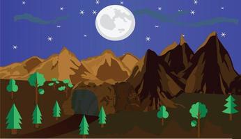 paisaje desierto en la noche ilustración plana con montañas, árboles, luna, estrellas, nubes, etc. vector