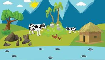 Nature landscape village flat vector with trees, mountains, road, van, clouds, sky, sun, house, cow, hen, lake, rock etc.