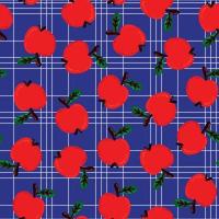 seamless pattern with red apples on a blue checkered background. Vector illustration