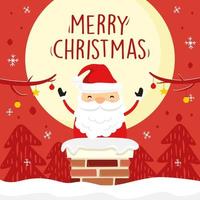 Cute Santa Claus Chimney Merry Christmas Cartoon - Red Full Moon Greeting Cards Vector
