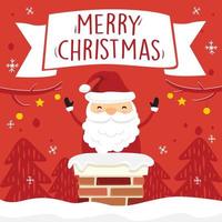 Cute Santa Claus Chimney Merry Christmas Cartoon - Red Ribbon Banner Greeting Cards Vector