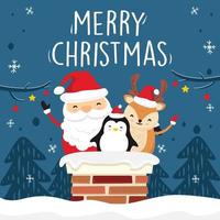 santa claus ciervo pingüino en chimenea azul navidad tarjetas de felicitación vector