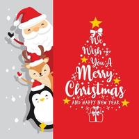 Santa Claus Deer Penguin Text Merry Christmas and Happy New Year Card Red