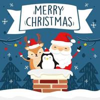 santa claus ciervo pingüino en chimenea azul navidad tarjetas de felicitación vector