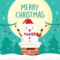 Merry Christmas Snowman Cartoon Vector Full Moon Green Background