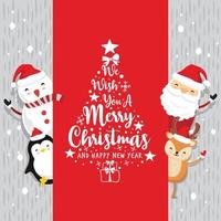 santa claus ciervo pingüino texto feliz navidad y próspero año nuevo tarjeta vintage rojo vector