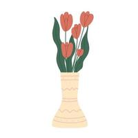 Hermoso ramo de flores de tulipanes en florero. Ilustración de vector dibujado a mano sobre fondo blanco