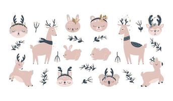 Christmas characters - animals. Cute Woodland characters, bear, fox raccoon deer. Vector illustration.