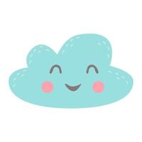 Cute cloud with happy smiling face. Funny baby character. Childish flat colored vector illustration isolated on white background.