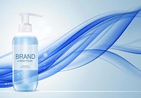 Diseñe la plantilla de productos cosméticos para anuncios o revistas de fondo. gel antibacteriano, botella de jabón 3d ilustración vectorial realista