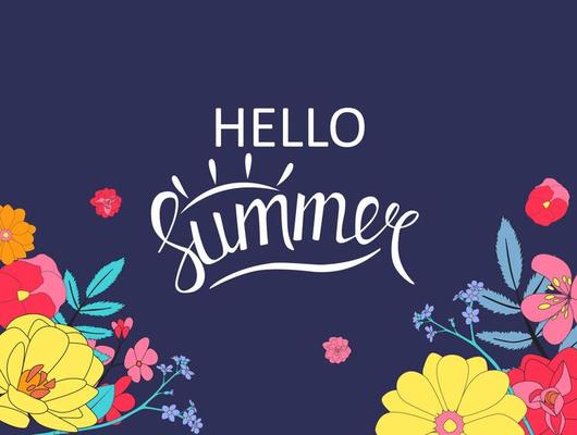 Hello summer background with hand drawn flower. Vector Ilustration