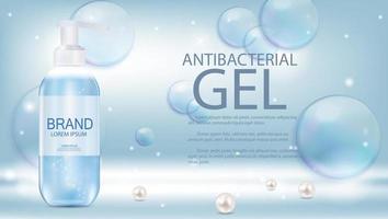 Diseñe la plantilla de productos cosméticos para anuncios o revistas de fondo. gel antibacteriano, botella de jabón 3d ilustración vectorial realista vector