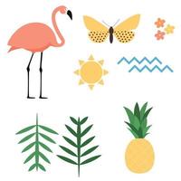 Flamingo, sol, mariposa, flor, hoja de palma, ananas amd iconos de olas de mar en fondo blanco. ilustración vectorial vector