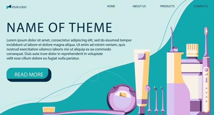 Landing page with dental tools and instruments. Stomatology supplies in a flat style isolated on a white background.
