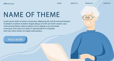 Landing page of happy grandma with laptop, female character in a flat style, video chat concept. vector