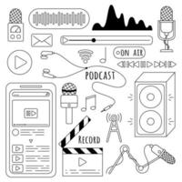 icono de podcast y audio en un estilo plano, aislado en un fondo blanco. micrófono, registro, colección de iconos de línea de onda de música. vector