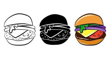 Burger fast food vector icon set. Isolated graphic logo design. Simple linear doodle sketch drawing. Unhealthy street meal.