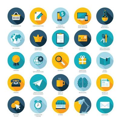 Set of flat design icons for E-commerce, Pay per click marketing, Responsive web design, SEO, Reputation management and Internet marketing