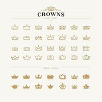 Set of crown line and solid icons vector