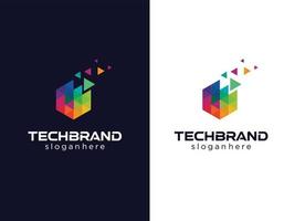 Colorful Hexagon Tech digital Logo Design Vector Stock . Hexagon ribbon polygon Logotype concept icon