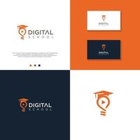 Vectores de stock de diseño de logotipo de escuela digital. logotipo de educación. logotipo de educación en medios. libro escolar digital logotipo de educación en línea y sombrero de graduación