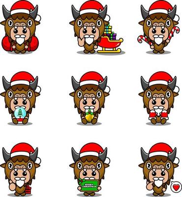 vector cartoon character set mascot costume bison cute christmas bundle