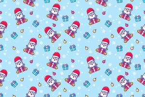 Cute happy penguin and merry christmas with seamless pattern vector