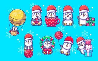 linda colección de pingüinos de invierno para navidad en diseño plano vector