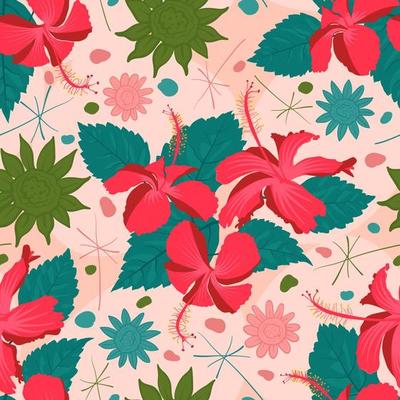 Flowering hibiscus rosa sinensis blossom collage surface design with pink green and pastel background combination. Best for textile, interior redecoration, bedspread, facemask etc.