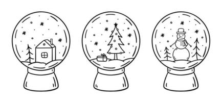 Doodle conjunto de globos de nieve de cristal aislado sobre fondo blanco. vector