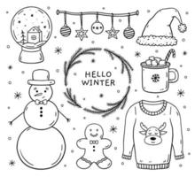 Set of winter doodles - snowman, gingerbread cookie, ugly sweater, snow globe, Santa hat, cup of cocoa and Christmas balls. Vector cartoon hand-drawn illustration. Perfect for holiday designs, cards.