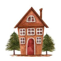 Watercolor illustrations with stylized brown house and green fir trees. Country home. vector