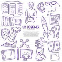 ux, diseñador, trabajos, profesión, carrera, garabato, mano, dibujado, con, contorno, estilo, en, papel, libros, línea vector