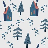 Winter houses and Christmas trees seamless pattern. Landscape ornamental background for wallpaper, pattern fills, printing on fabric, digital paper. Vector illustration.
