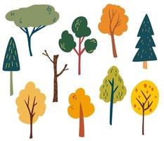 Different trees big set. Fir, pine, spruce, larch. Coniferous and deciduous. Forest hand draw colorful trees. Vector cartoon illustration. Isolated on the white background.