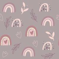 arco iris de patrones sin fisuras. ramitas, flores y corazones. estilo boho. Textura creativa de niños escandinavos para tela, envoltura, textil, papel tapiz, ropa. ilustración vectorial. vector