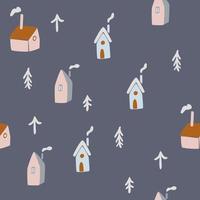 Houses and Christmas trees seamless pattern. Winter landscape background. Perfect for fabric, tablecloth pattern, wrapping paper, gift paper. Hand Draw Vector illustration.