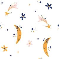 Moon and stars seamless pattern. Boho elements in pastel colors. Perfect for textile, wallpaper or print design. Hand Draw Vector illustration.