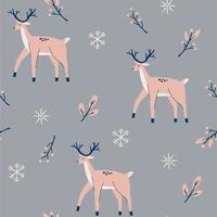 Deer seamless pattern. Christmas background with twigs berries snowflakes and deer. Perfect for textile, wallpaper or print design. Hand Draw Vector illustration.