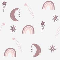 Rainbows moon and stars seamless pattern. Boho style. Perfect for kids wallpaper for fabric, textile, clothes, paper, scrapbooking, planner, sticker, nursery. Hand Draw Vector illustration.