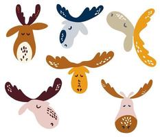 Moose heads set. Funny animals characters. Scandinavian style flat design. Concept for children print. Hand Draw Vector illustration.