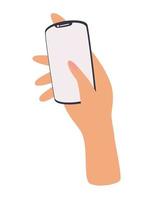 Hand holding phone. Empty screen, phone mockup. Editable smartphone template vector illustration on isolated background.