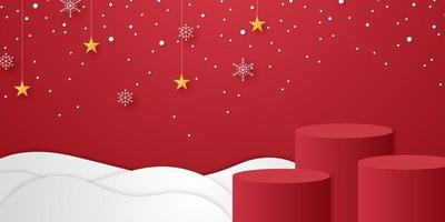 Red cylinder podium on snow with snowflakes and star hanging and snow falling, template mockup for Christmas event