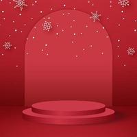 Red cylinder podium with christmas trees, snowflakes and snow falling, template mockup for event in paper art vector